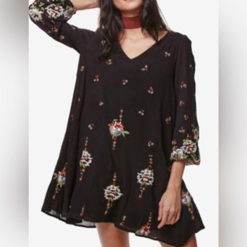 Free People Black Mini‎ Dress Colorful Embroidery boho cottagecore Y2K retro xs